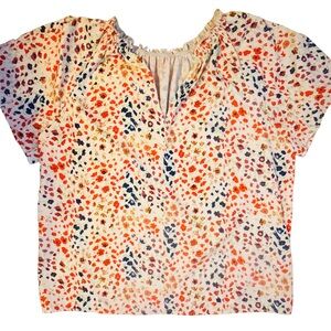 Women's Cream Floral Dot Short Sleeve Blouse - Casual Gathered Neck